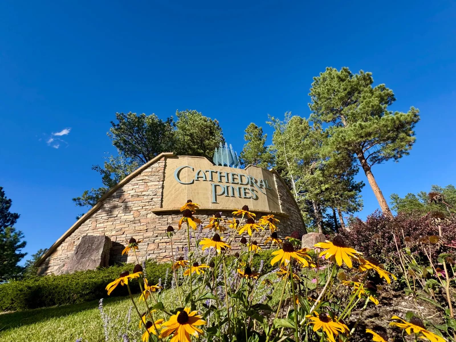 Heather Collection photograph of the Cathedral Pines entrance monument and wildflowers.