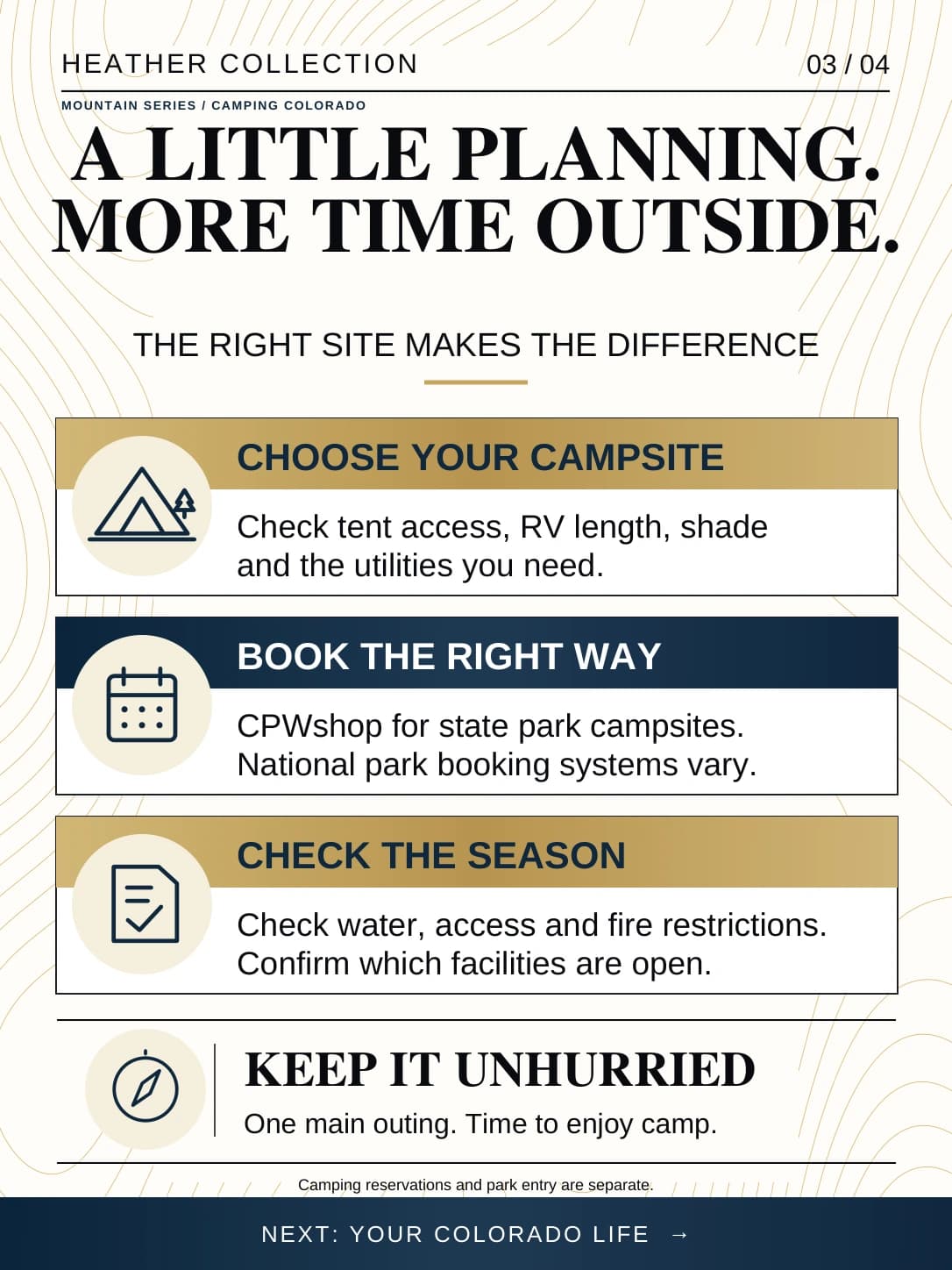 Card titled A little planning. More time outside. Four steps: choose a campsite for tent access, RV length, shade and utilities; book state park campsites on CPWshop while national park booking systems vary; check water, access, fire restrictions and which facilities are open; keep one main outing and time to enjoy camp.