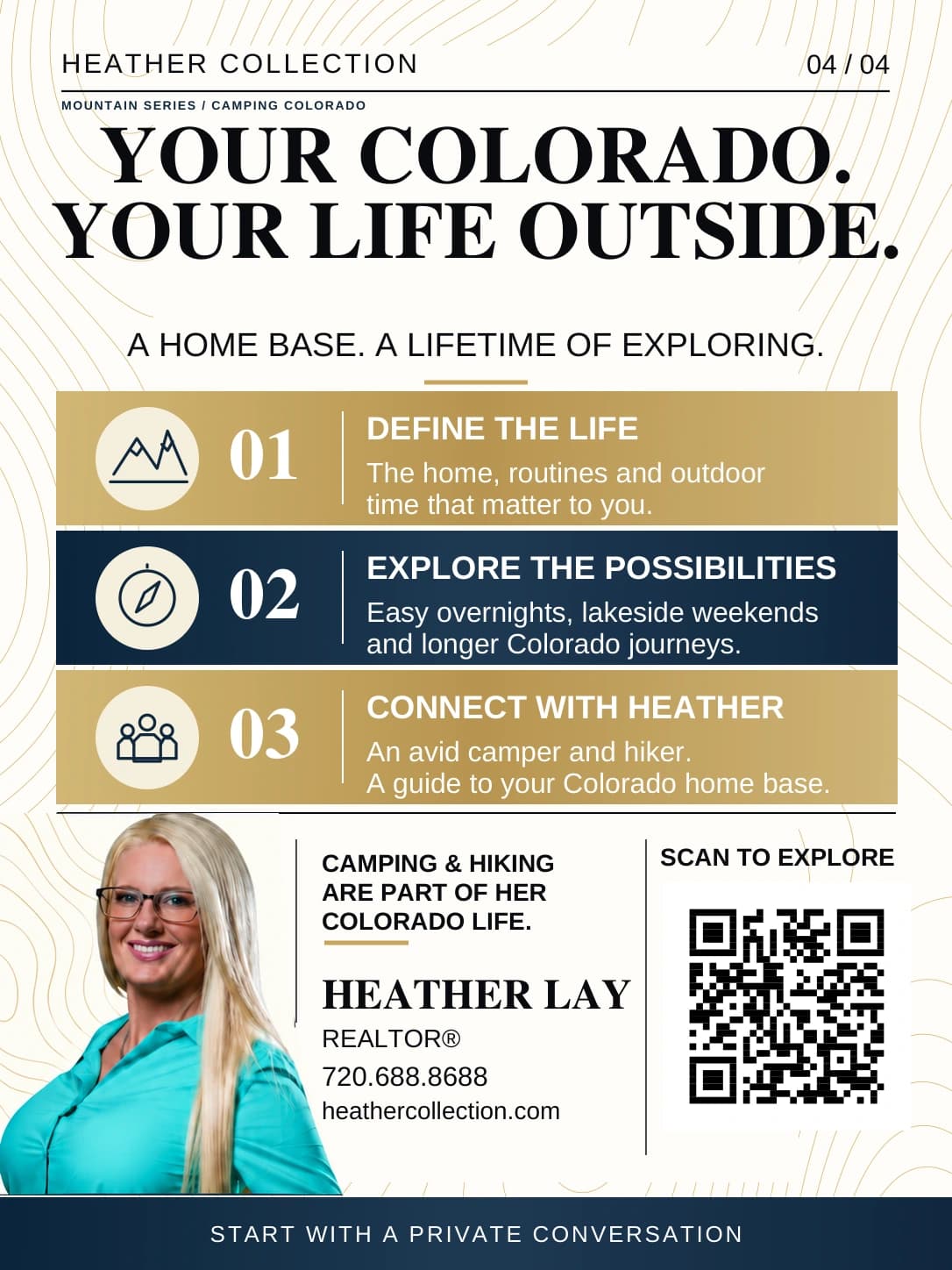 Card titled Your Colorado. Your life outside. Three steps: define the home, routines and outdoor time; explore easy overnights, lakeside weekends and longer journeys; connect with Heather. A portrait shows Heather Lay in a turquoise shirt beside a QR code.