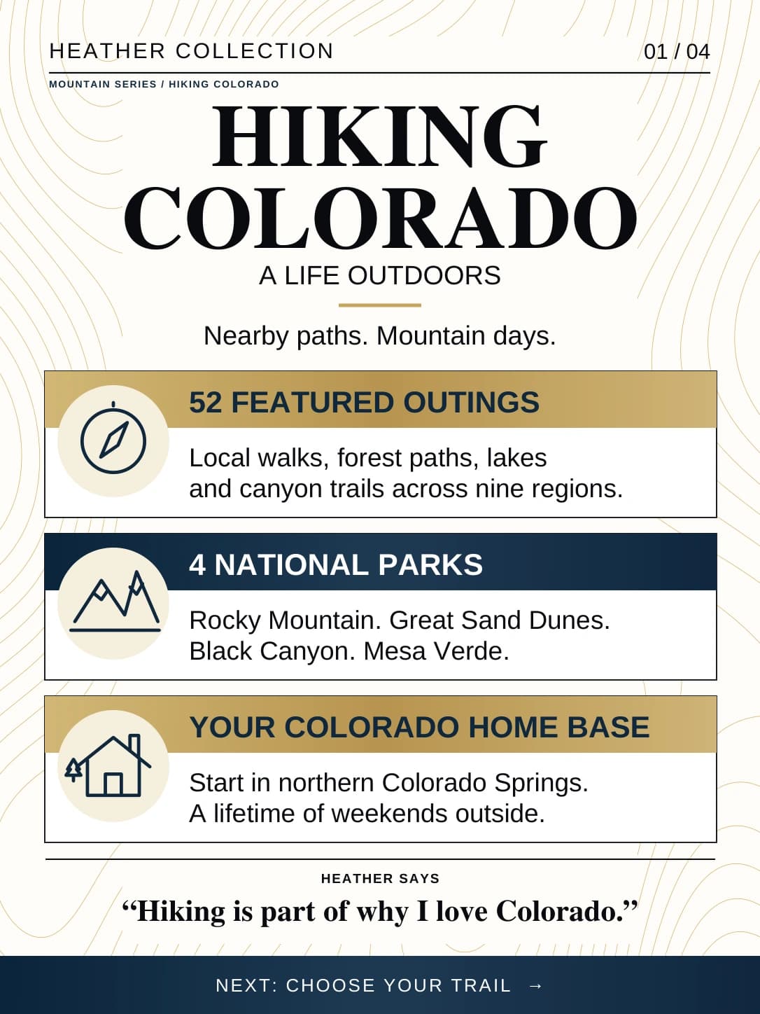 Hiking Colorado card titled A life outdoors. It lists 52 featured outings for local walks, forest paths, lakes and canyon trails across nine regions; four national parks, Rocky Mountain, Great Sand Dunes, Black Canyon and Mesa Verde; and a northern Colorado Springs home base. A quote says hiking is part of why the author loves Colorado.