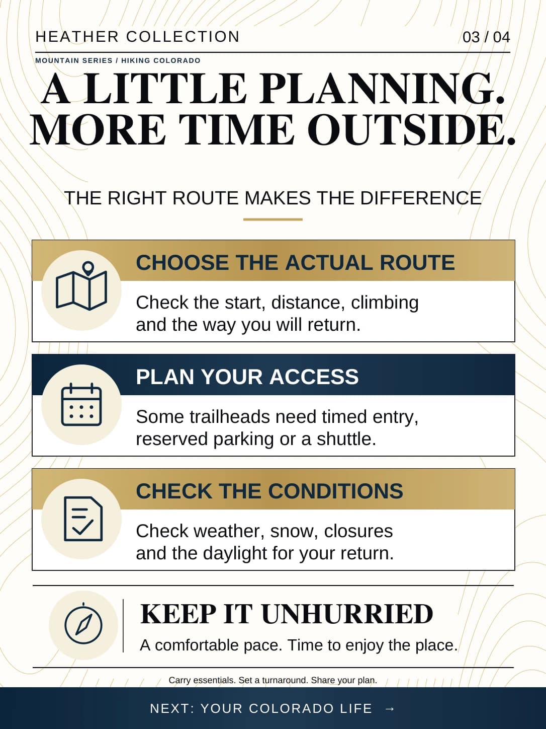 Card titled A little planning. More time outside. Four steps: choose the actual route, including the start, distance, climbing and return; plan access for timed entry, reserved parking or a shuttle; check weather, snow, closures and daylight; keep a comfortable pace with time to enjoy the place.