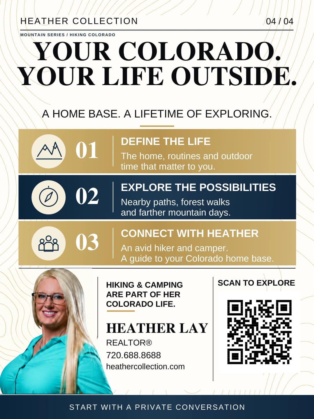 Card titled Your Colorado. Your life outside. Three steps: define the home, routines and outdoor time; explore nearby paths, forest walks and farther mountain days; connect with Heather. A portrait shows Heather Lay in a turquoise shirt beside a QR code.