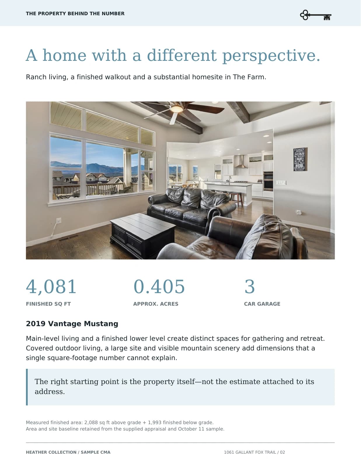 Page 2: the property overview, including 4,081 finished square feet, approximately 0.405 acres and a three-car garage.