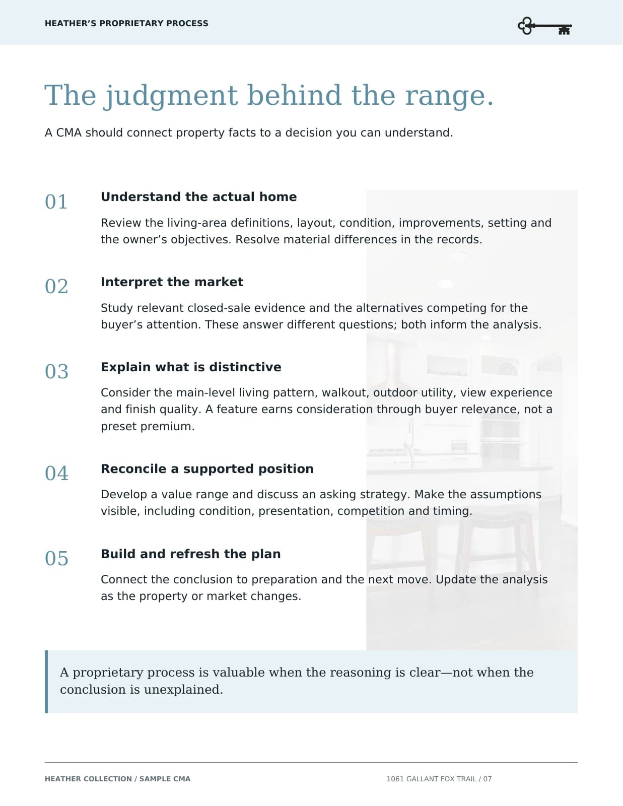 Page 7: Heather’s five-step process for understanding a home, interpreting the market and explaining a pricing strategy.